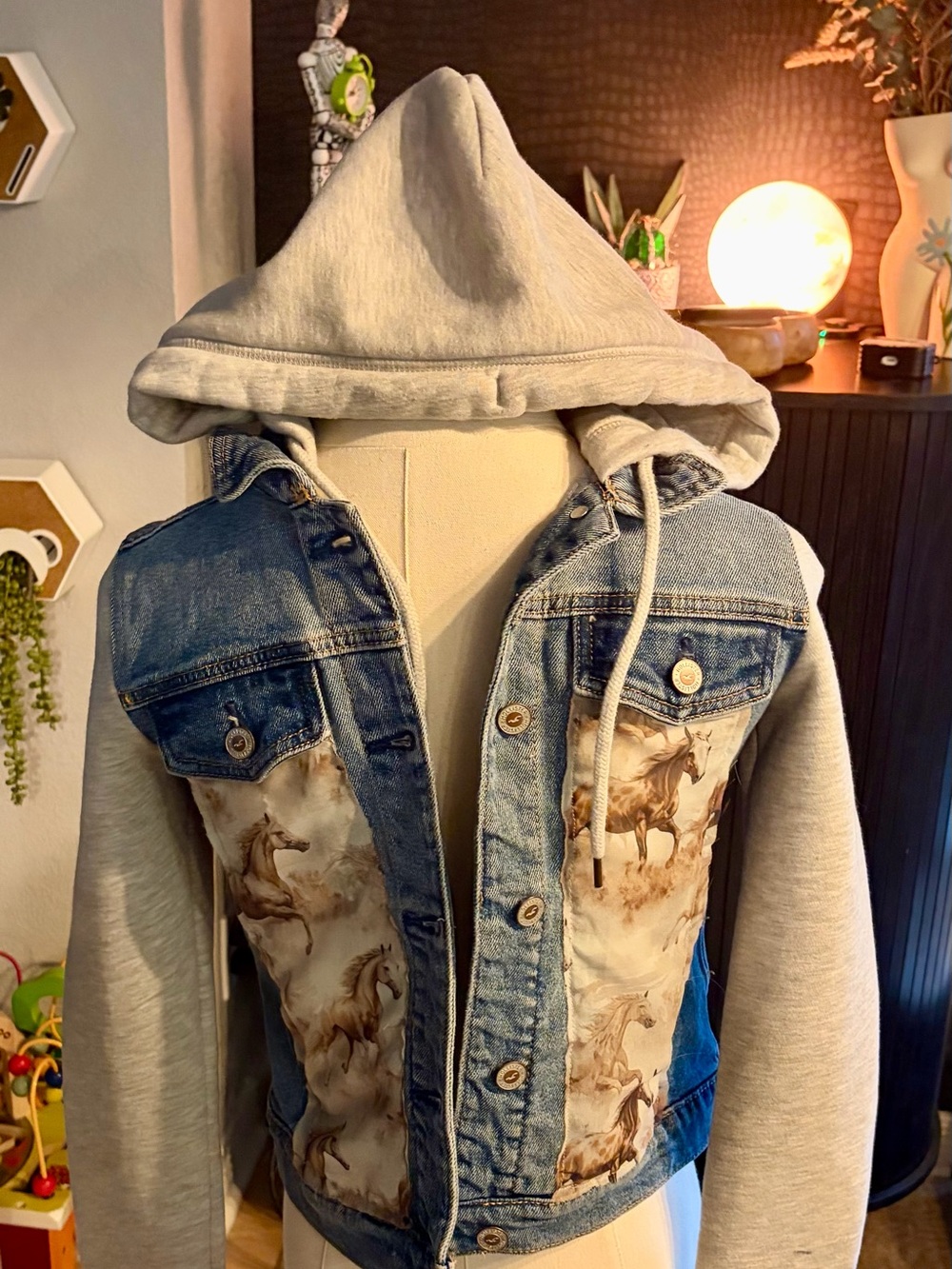 Hollister Light Gray Hooded Sleeve Denim Jacket with Horse Print